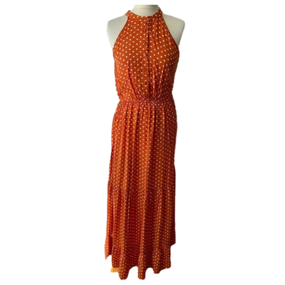Brave Soul Skye All Over Print High Neck Maxi Polka Dot Orange Dress Size S - Picture 1 of 7